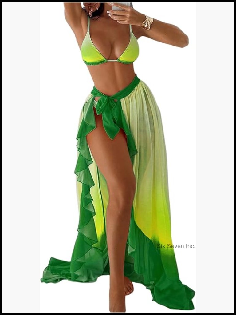 3 Piece Swimsuits Triangle Bikini With Sarong Wrap Coverup Skirt